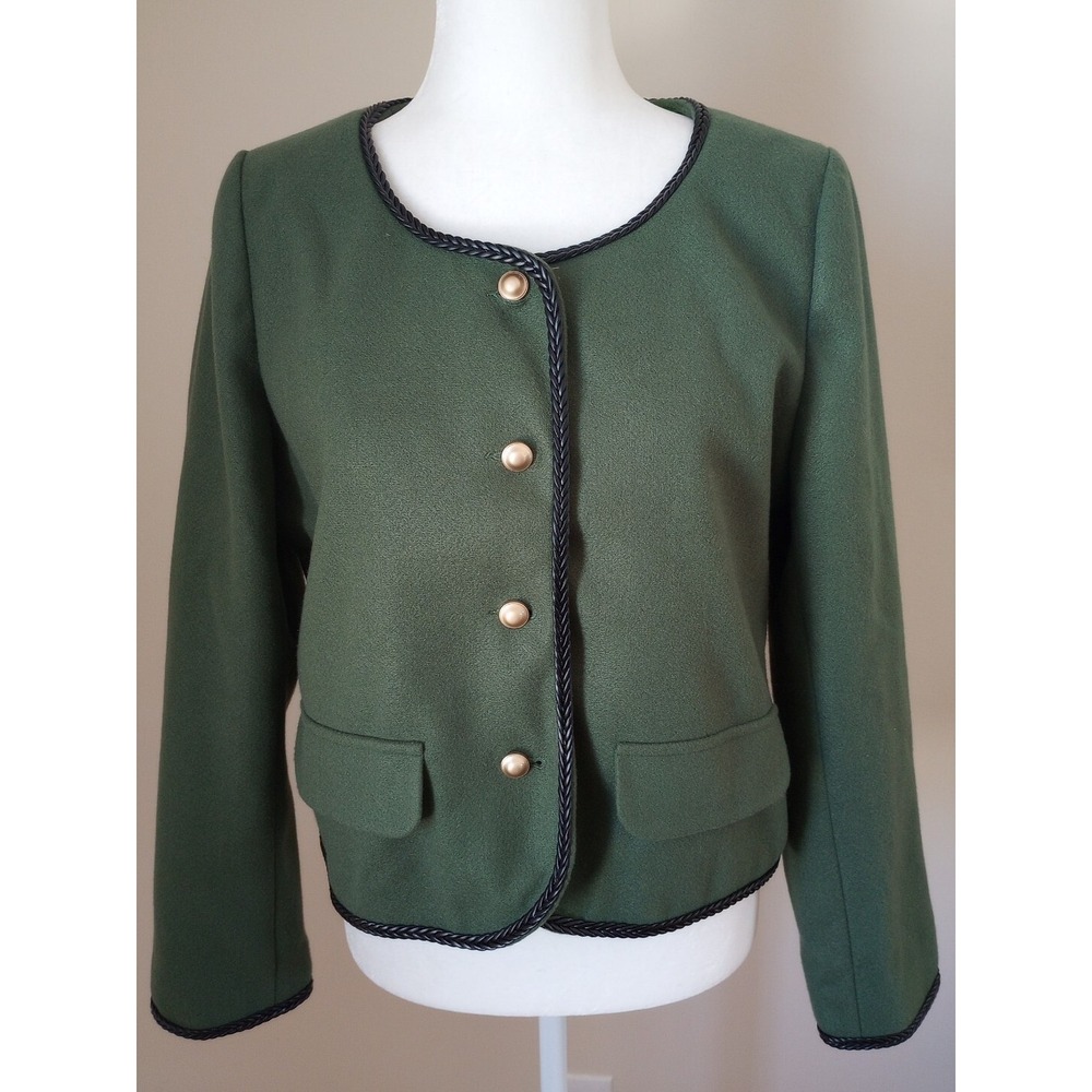 RIHOAS Ladies Boiled Wool-Like Cropped Jacket W/Braided Trim Size:M Green NWT